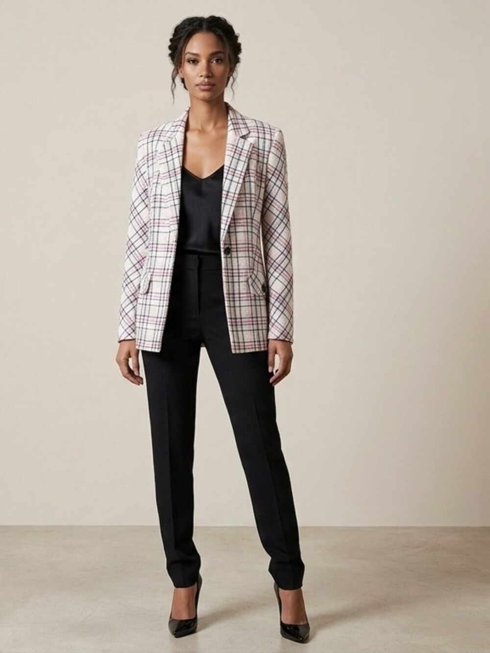 Karl Lagerfeld Pink & White Plaid Single-Button Blazer